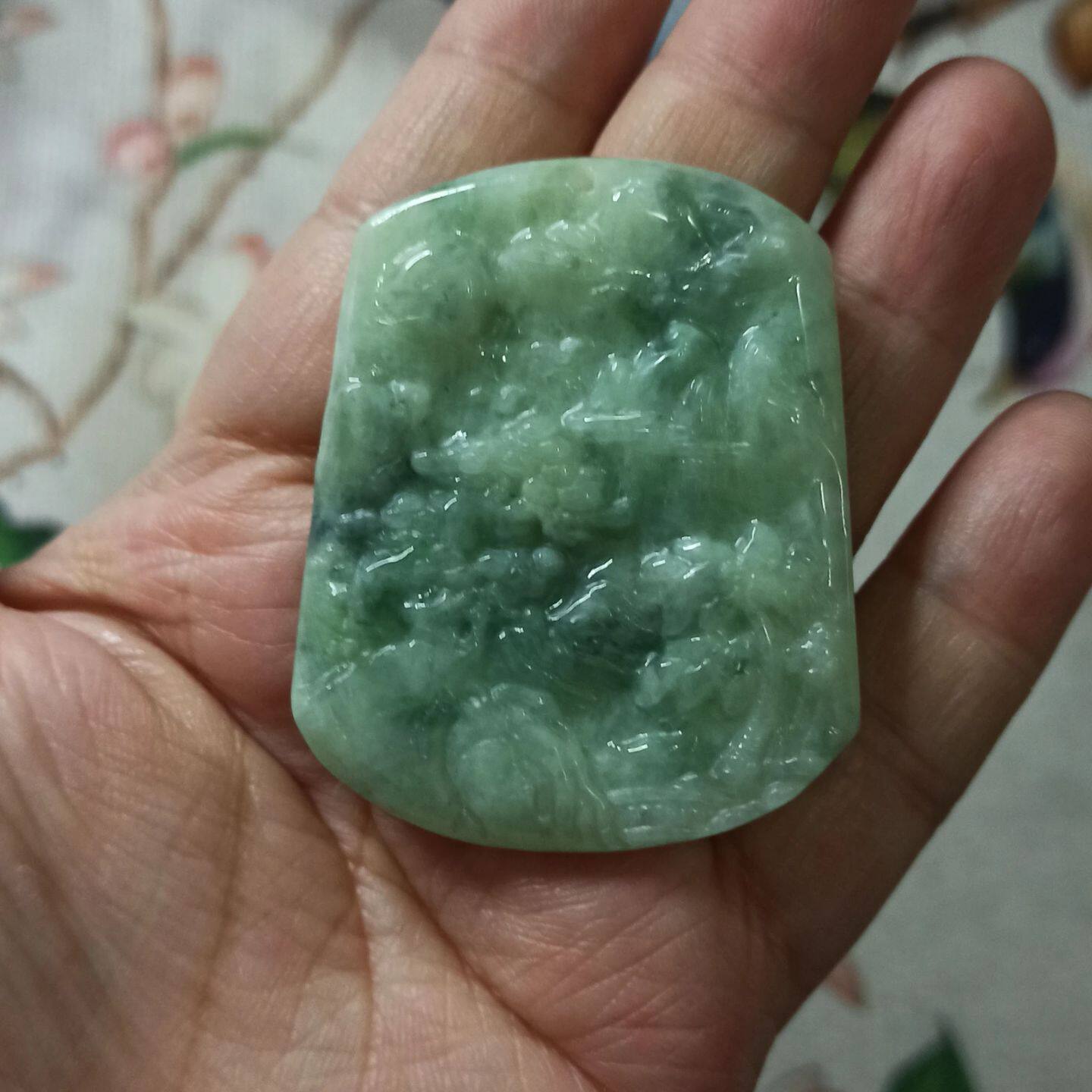 301缅甸天然翡翠吊坠飘花山水牌卡52X42mm左右编绳材料满48元包邮