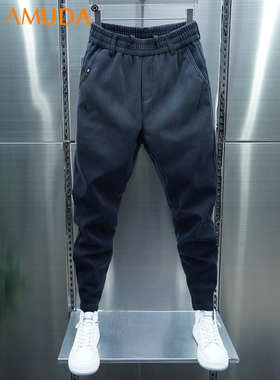 黑灰色牛仔裤男士2025新款春秋季小脚休闲男裤子男款潮流冬季加绒