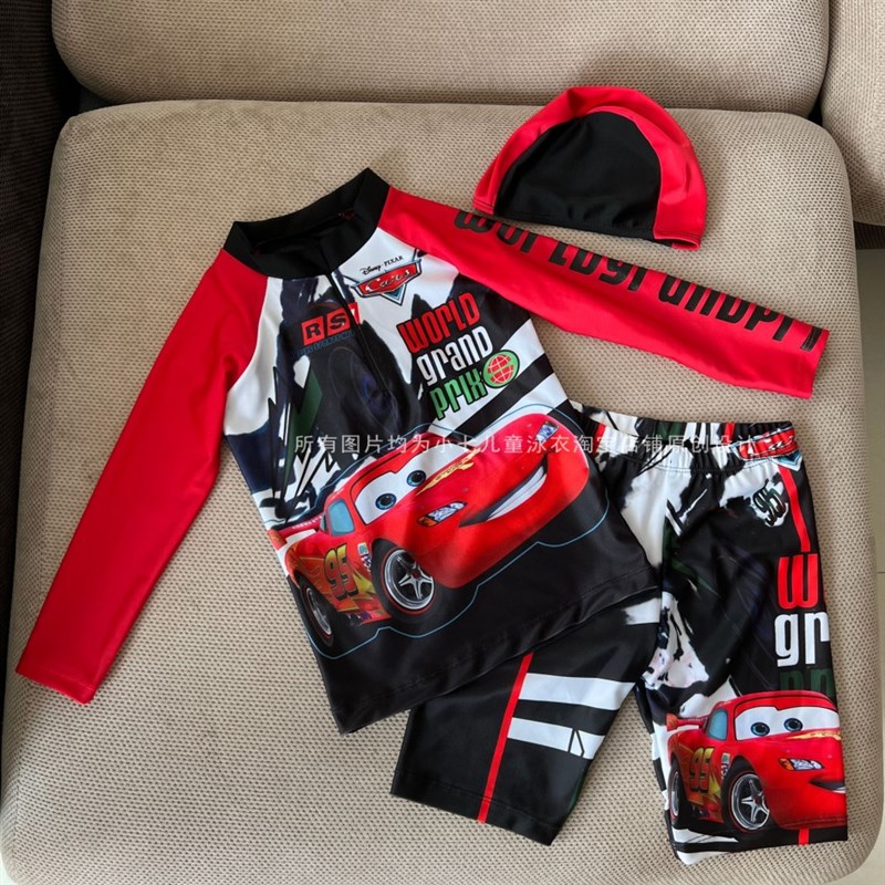 儿童分体泳衣韩版男孩卡r通男童大码学生温泉速干泳衣长袖防晒泳