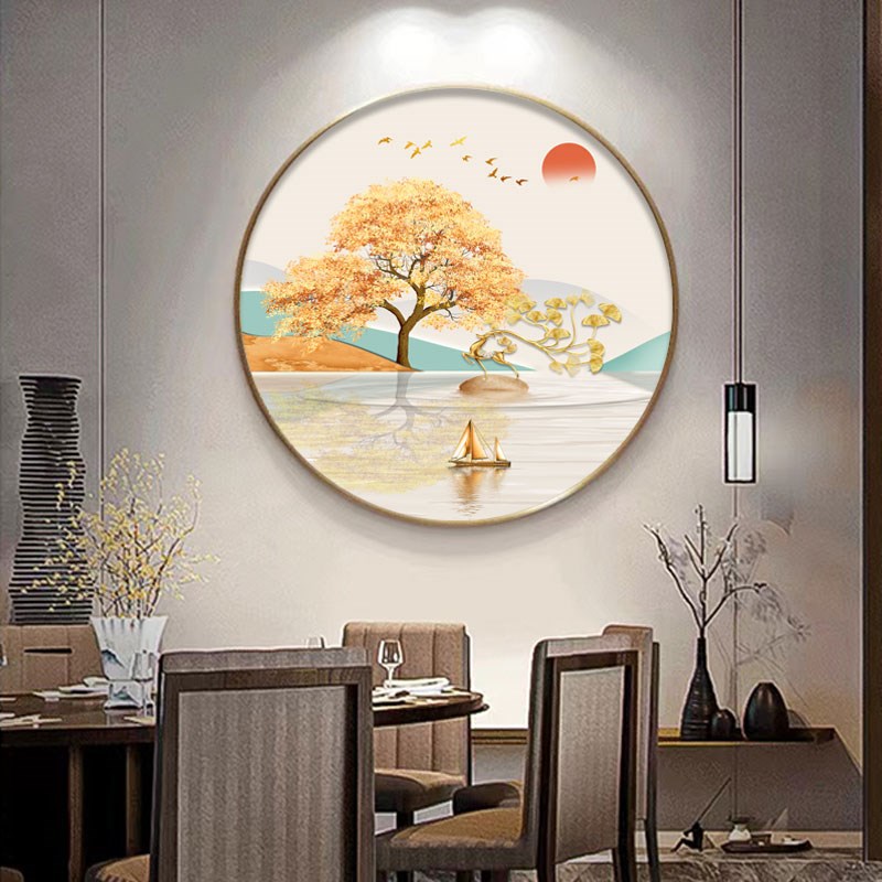发财树玄关装饰画新中式圆形w走廊过道挂画招财鹿现代餐厅客厅壁图片
