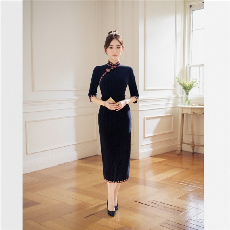 妈妈秋冬季旗袍年轻气质女装x7分袖新式改良黑色日常连衣裙高级感