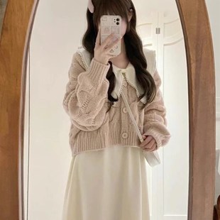 學(xué)院風(fēng)小個(gè)子溫柔奶系q穿搭針織開(kāi)衫 毛衣外套女秋冬連衣裙兩件套