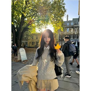 毛衣女2u024秋冬新款 灰色圆领麻花针织衫 慵懒风小个子休闲套头上
