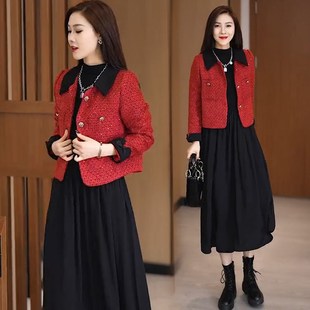 爆款 裙女2023秋冬洋氣短外套穿搭黑色打底V連衣裙子兩件 套裝 西裝
