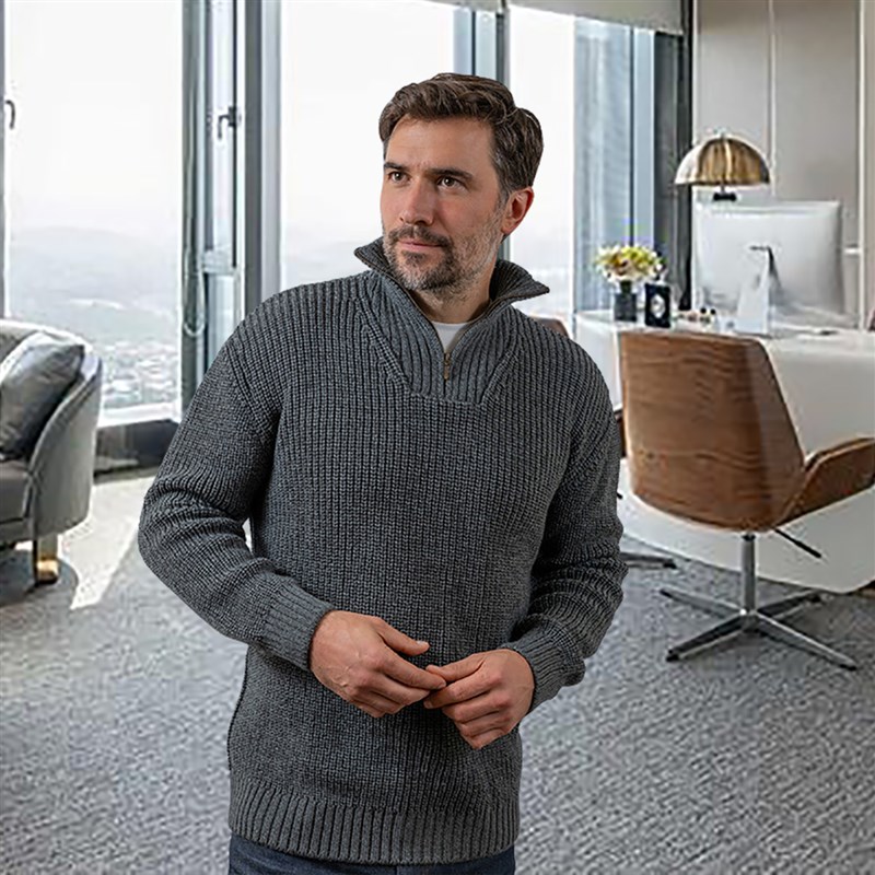 2023新款秋冬i拉链半高领加厚男装毛衣怀旧元宝针粗毛线针织外套