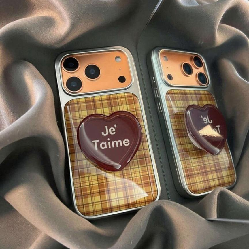 韩系黄棕撞色格纹滴胶壳