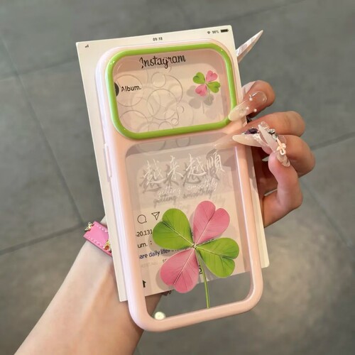 撞色粉绿四叶草手机壳