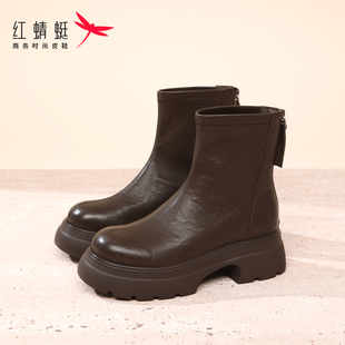 红蜻蜓女靴厚底增高短靴2026新款冬季靴子复古中筒靴瘦瘦靴皮靴女