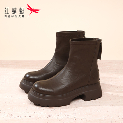 红蜻蜓女靴厚底增高短靴2025新款冬季靴子复古中筒靴瘦瘦靴皮靴女