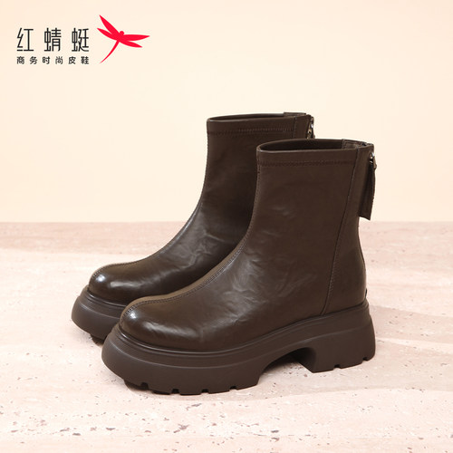 红蜻蜓女靴厚底增高短靴2025新款冬季靴子复古中筒靴瘦瘦靴皮靴女
