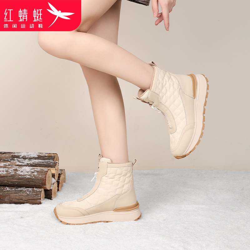 红蜻蜓女鞋中筒雪地靴高帮防水短靴2025新款冬季加绒加厚保暖棉靴