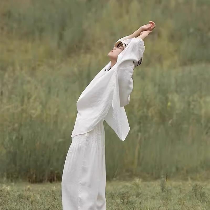 高货速发休闲宽松慵懒风套装2025秋季新款高级感白色棉麻衬衫阔腿