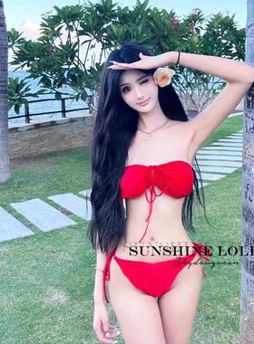 高货速发红色抹胸三点式比基尼显胸聚拢性感丁字裤欧美辣妹棕色泳