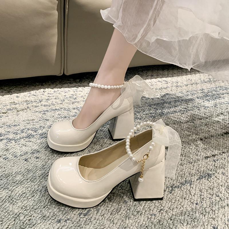 正货蝴蝶结粗跟高跟鞋女设计感小众法式玛丽珍鞋2024新款秋秋