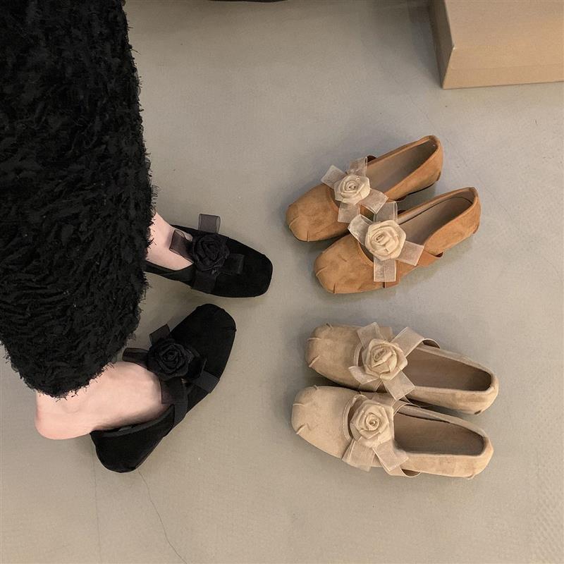 正货甜美晚交叉气质法式花朵晚风2025温柔平底浅口复古单鞋玛
