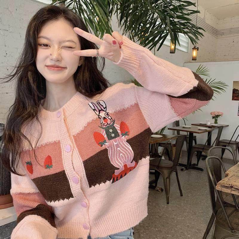 高货速发Minette粉色毛衣女2025秋季学院风小个子刺绣针织开衫百