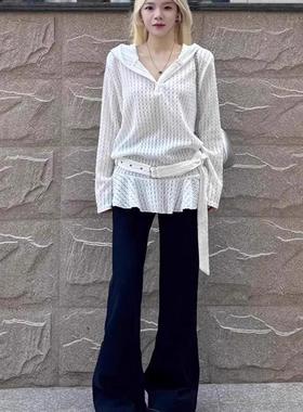 高货速发白色连帽中长款镂空蕾丝衬衫女2025新款秋季纯欲风独特绝