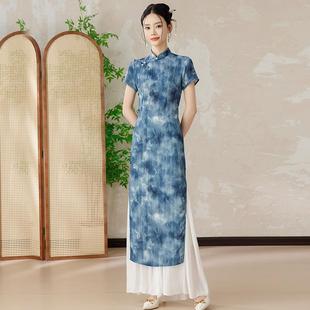 日常文艺气质改良复古连衣裙素雅 夏季 正品 依红颜蓝色旗袍2025新款