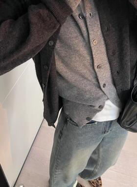 高货速发灰色假两件针织开衫毛衣外套女秋季圆领修身百搭