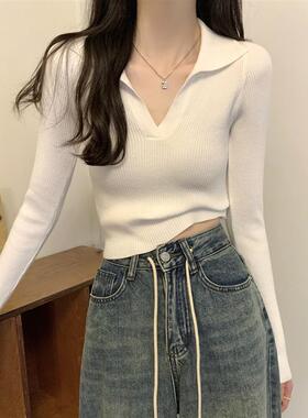 正货主播推荐白色polo翻领坑条打底短上衣女秋秋修身甜辣针织