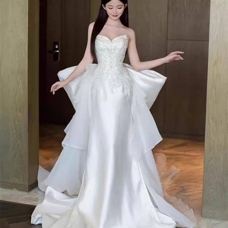 正货缎面鱼尾晚礼服裙女高