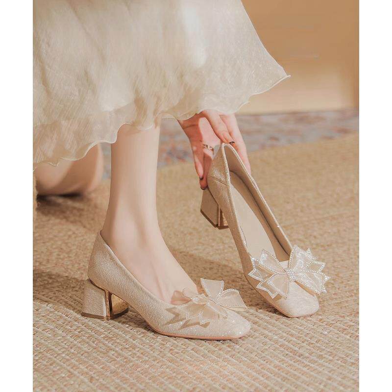 正货蝴蝶结方头粗跟婚鞋女2025新款主婚纱秀禾两穿新娘高跟单