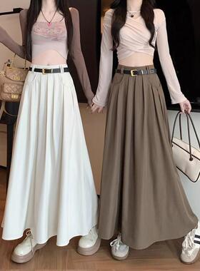 正货黑色西装半身裙女秋秋季中长款高腰显瘦垂感a字大摆伞裙百褶