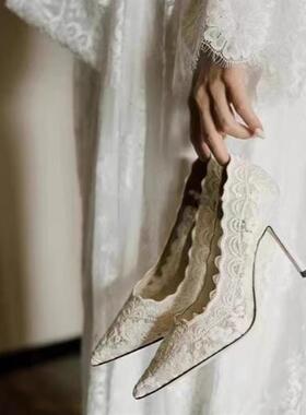 正货白色高跟鞋婚鞋女2025年秋季新款尖头细跟刺绣蕾丝秀禾婚纱新