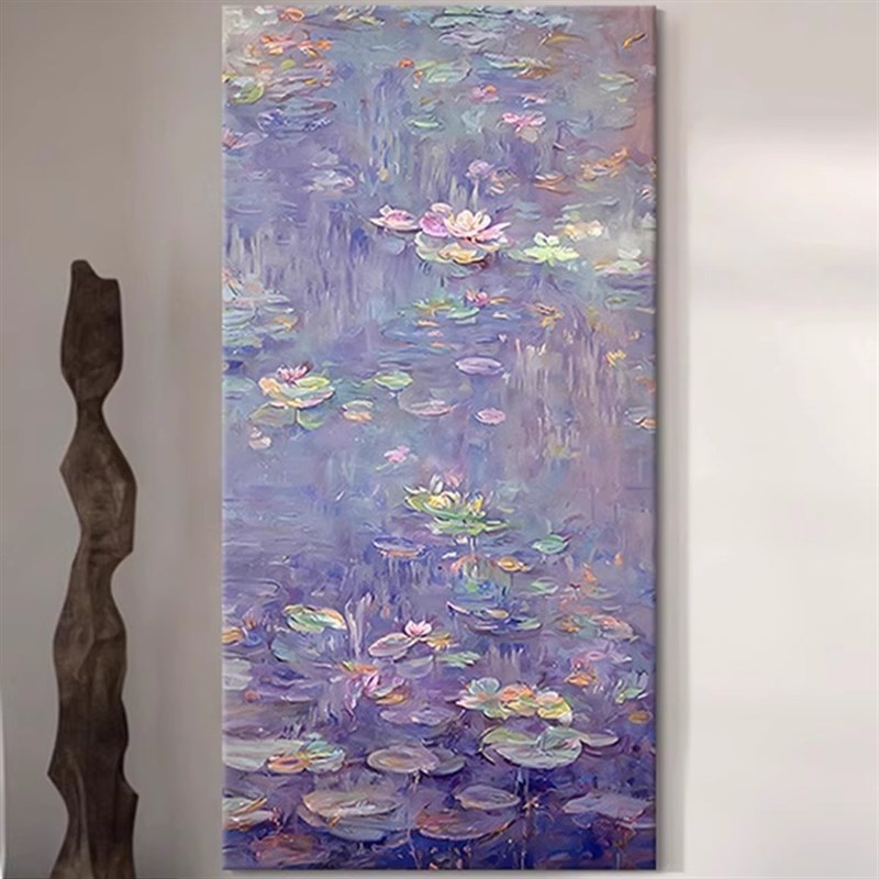 纯手绘油画新中式荷花玄关装饰画客厅抽象莫奈睡莲肌理画紫色挂画图片