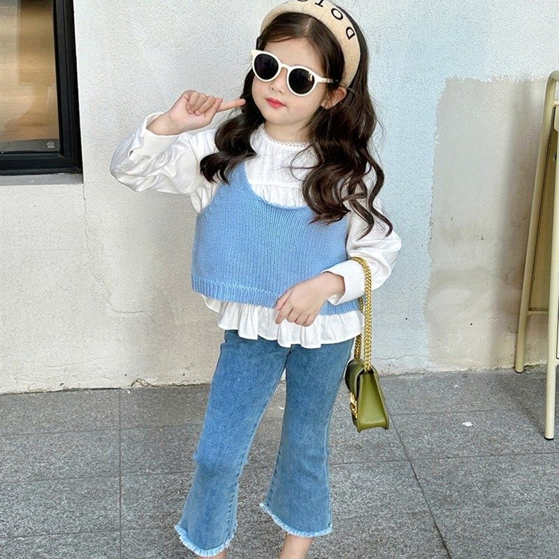 女童针织背心24春季新款女宝休闲毛衣牛仔裤吊带马甲百搭休闲套装