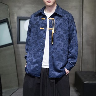 红色衬衫外套男春秋款2024新款新中式男装中国风唐装男款汉服衬衣