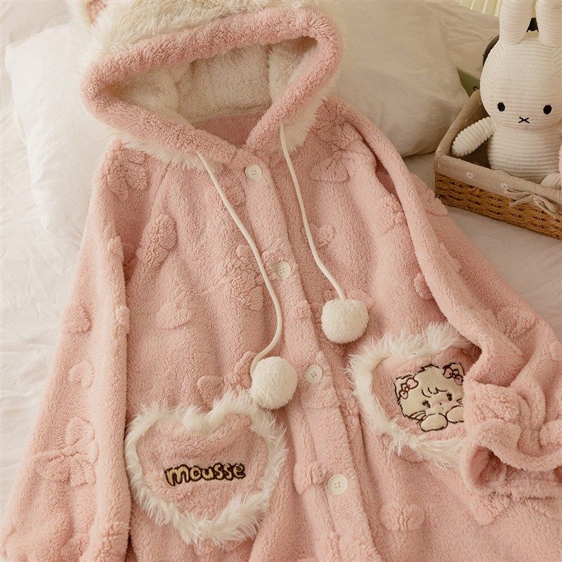 新款冬季加厚款珊瑚绒长款保暖少女心粉色猫咪睡袍睡裤套装家居服