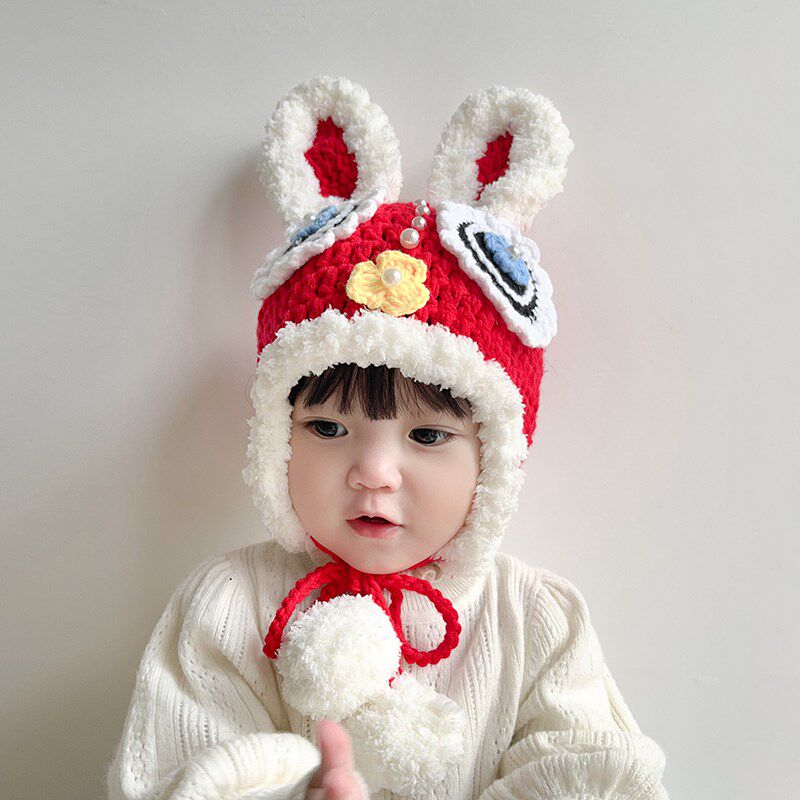手工兔耳朵帽子秋冬季红色婴儿童新年帽针织男童女宝宝护耳毛线帽