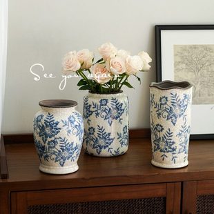 高级感复古青花瓷陶瓷花瓶客厅仿古冰裂纹插花家居装 新中式 饰摆件