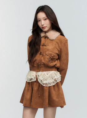 【田小娟同款】ORA GENESIS2025年冬季新品仿麂皮绳绣夹克外套