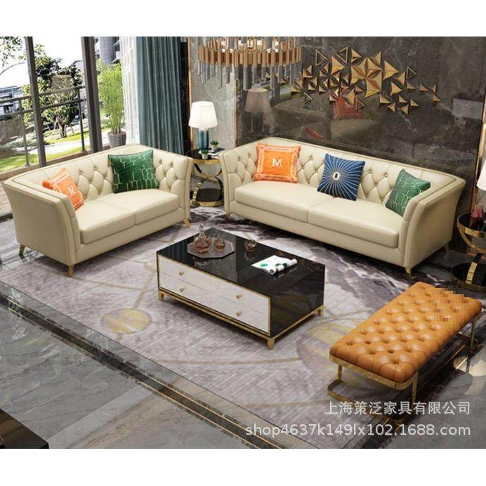 港式轻真皮沙发组合后现代简约不锈钢大小户型客厅皮艺单双三沙发