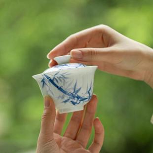 玉泥纯手绘竹韵三才盖碗不烫手青花釉下彩茶具泡茶碗喝茶碗