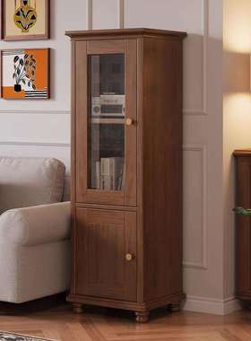 美式实木书柜带柜门复古置物柜客厅电视边柜立柜高窄柜小型储物柜