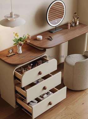 菲特博中古奶油风实木梳妆台收纳一体简约现代胡桃色斗柜卧室储物