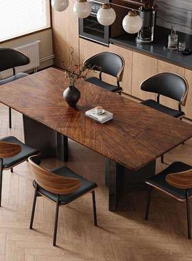 法式复古黑胡桃木拼花餐桌中古风长方形饭桌小户型实木餐桌椅组合