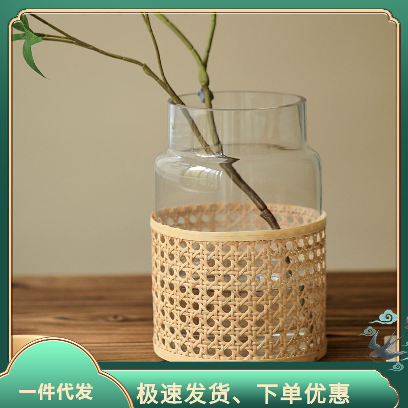 客厅培装饰品日式摆件装饰花瓶玻璃绿侘萝干花软装寂水编织复古。