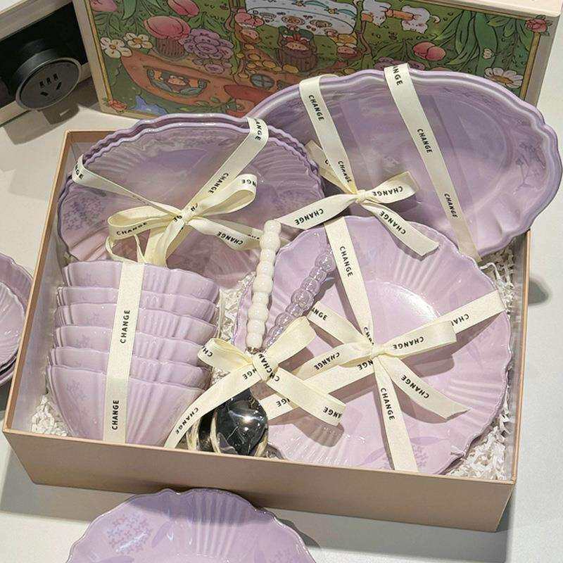 2024新款碗碟套装家用陶瓷高级感颜值好看紫色碗盘筷碗具乔迁餐具