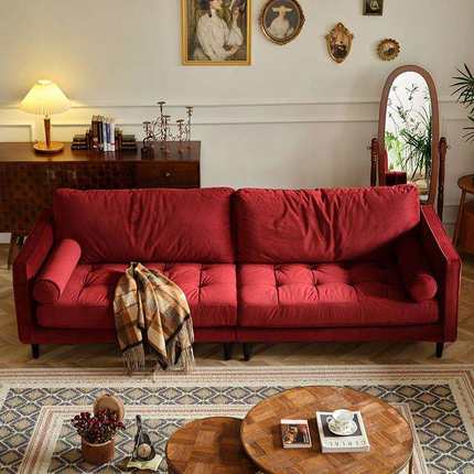 小户型客厅红色丝绒民宿双三人直排LOFT美式沙发法式复古布艺沙发