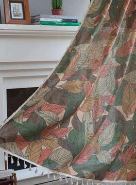 乐轩秀窗帘成品秋冬美式复古枫叶印花涤麻窗帘布卧室飘窗帘