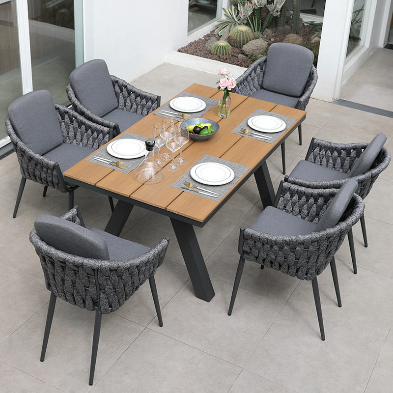 别墅户外桌椅庭院露天灰色绳编椅阳台室外露台休闲科技木长桌组合