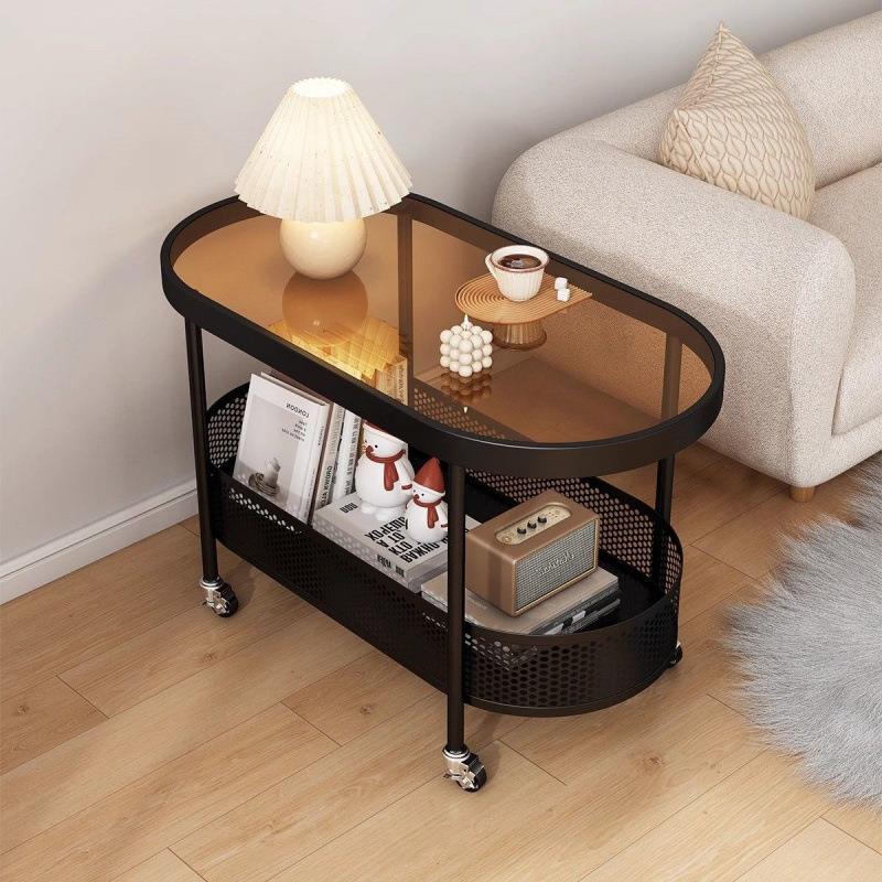 奶油风茶几简约沙发小户型椭圆边几客厅小桌子卧室玻璃移动小推车