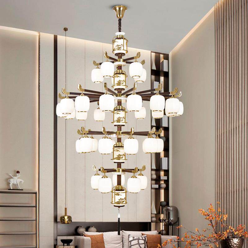 新中式全铜复式楼别墅客厅大吊灯实木中国风现代简约楼中楼吊灯