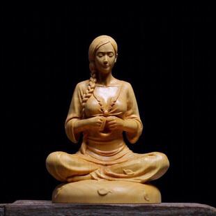 黄杨木雕刻车摆件中国风美人中式家居工艺品坐禅静思少女人物摆件