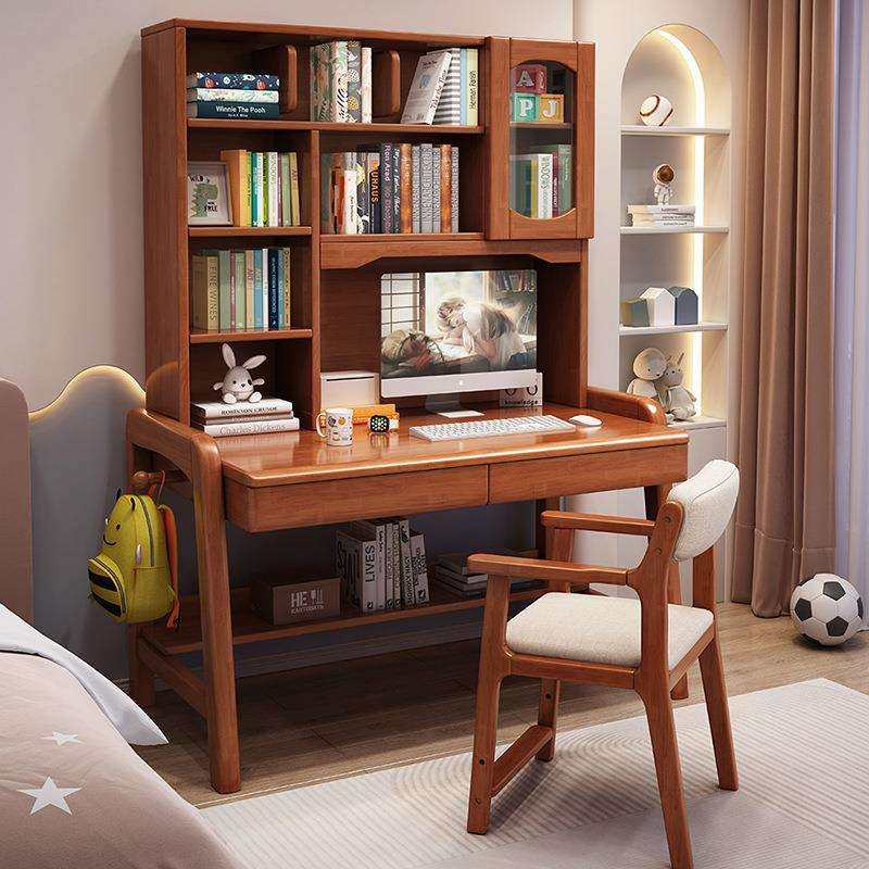 实木书桌书架组合一体桌家用卧室客厅电脑桌简约儿童学生写字桌子