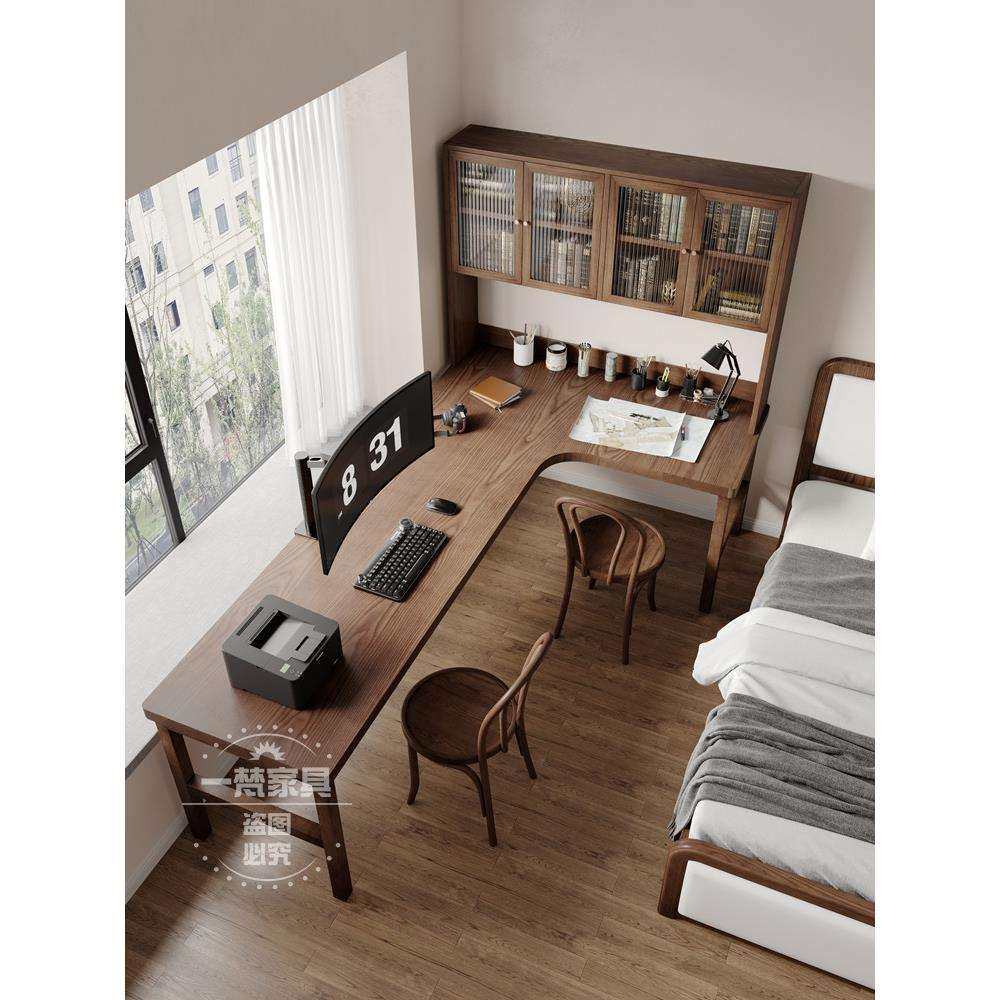 转角双人书桌带书柜一体桌书房儿童学习写字桌简约长条办公电脑桌
